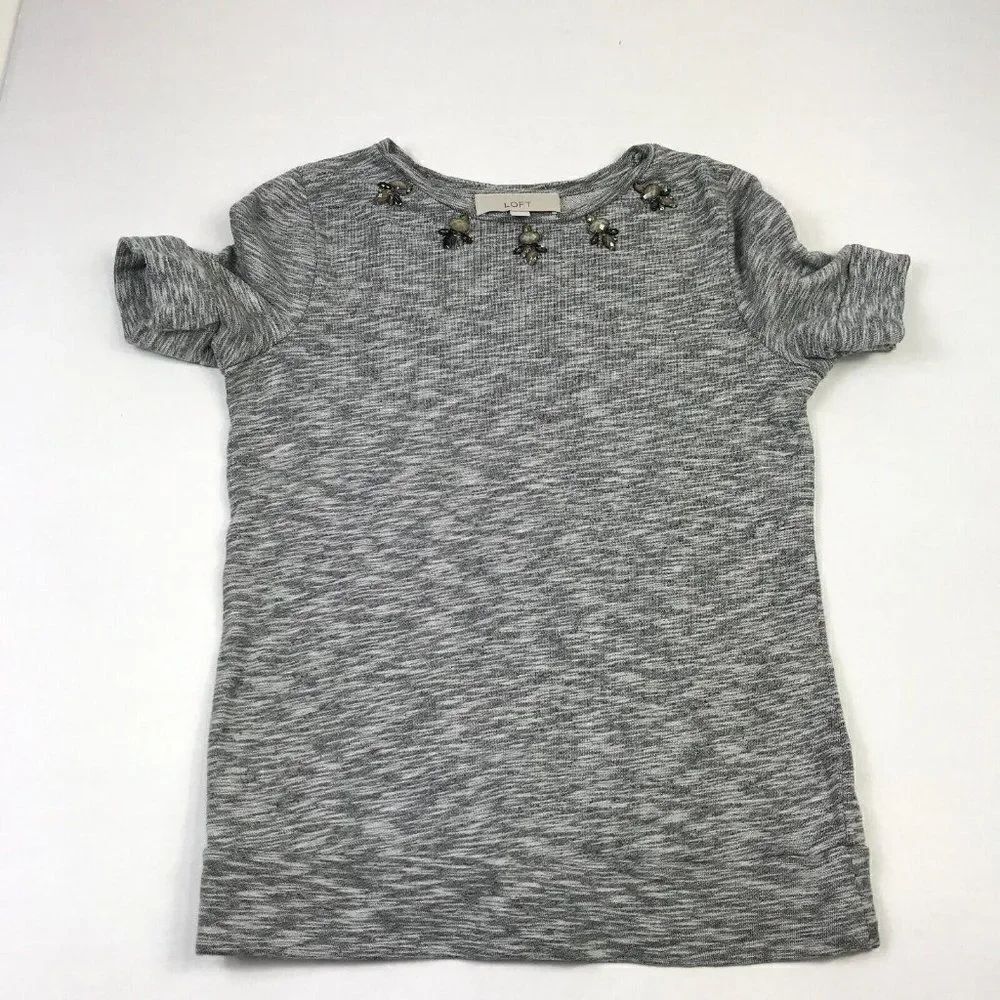 LOFT Womens Cotton Knit Top Gray Studded Beaded Short Sleeve Shirt Blouse XS